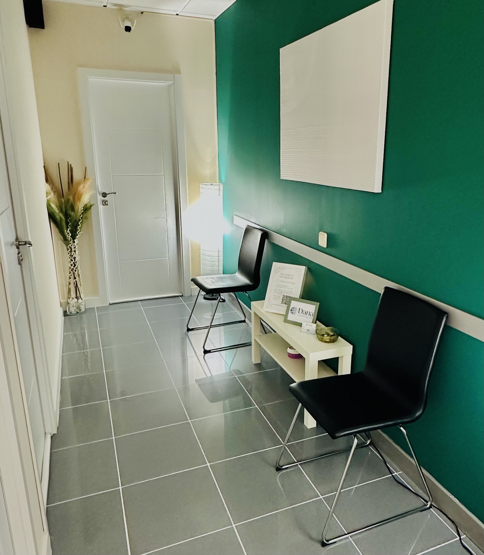 Sala de espera de Dana Centro de Psicología en Leganés, con sillas verdes, pared verde oliva y luz cálida