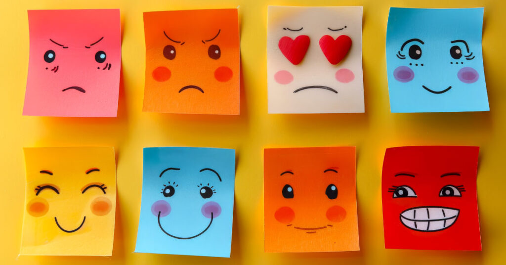 Caras que representan emociones básicas (alegría, tristeza, enfado, miedo), imagen sobre educación emocional sin estereotipos de género.