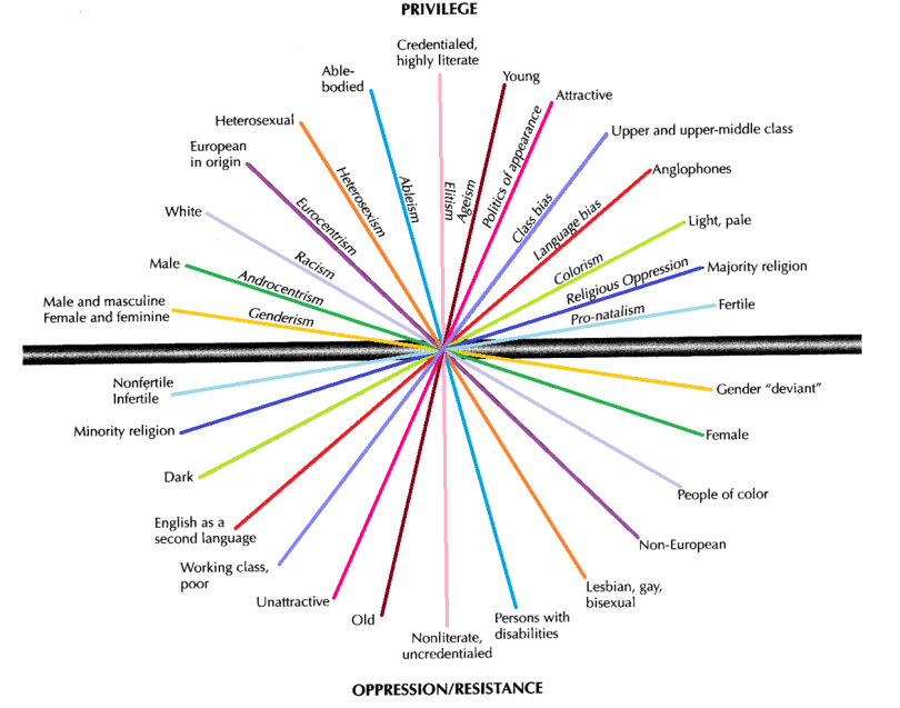 Diagrama de interseccionalidad que muestra ejes de privilegio y opresión (género, clase, raza, orientación), para entender el malestar en contexto social.