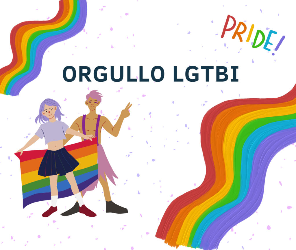 Ilustración del Orgullo LGTBI+ con bandera arcoíris, símbolo de diversidad sexual, identidad de género, orientación sexual y visibilidad.